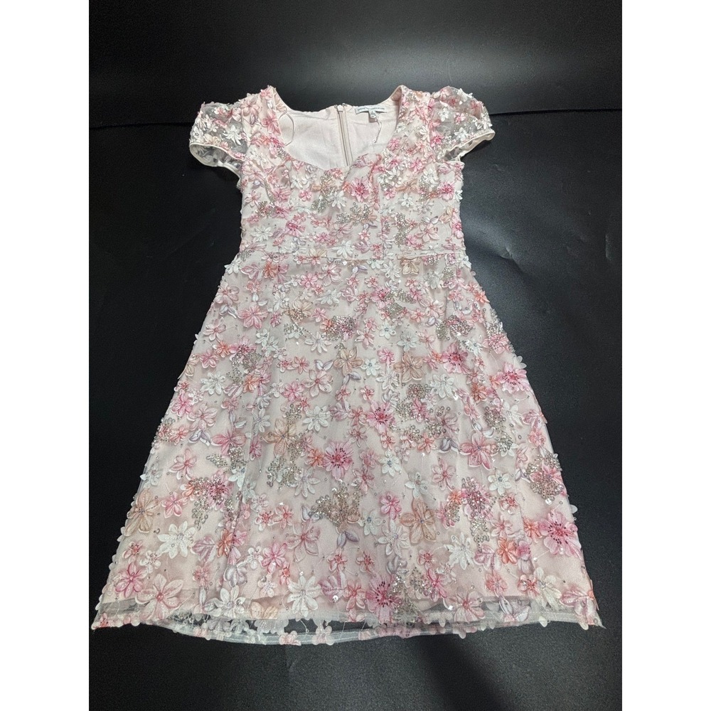 Dress The Population Pink 3D Floral Sequin Mini Dress Sweetheart Cap Sleeve S - Picture 2 of 6